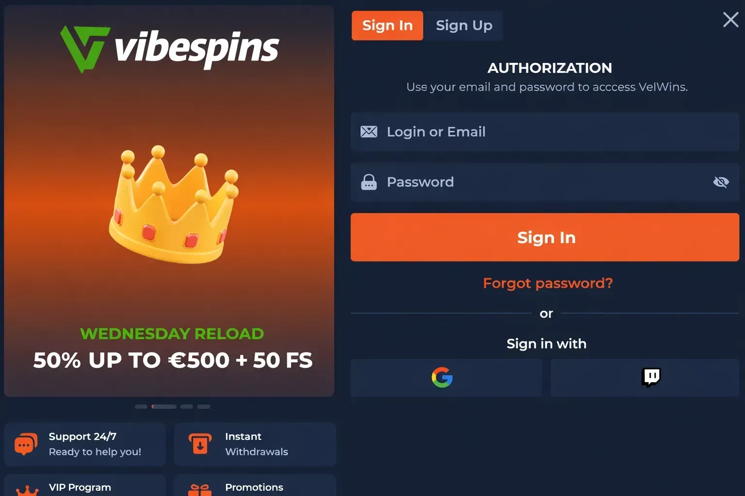 Vibespins Login pagina